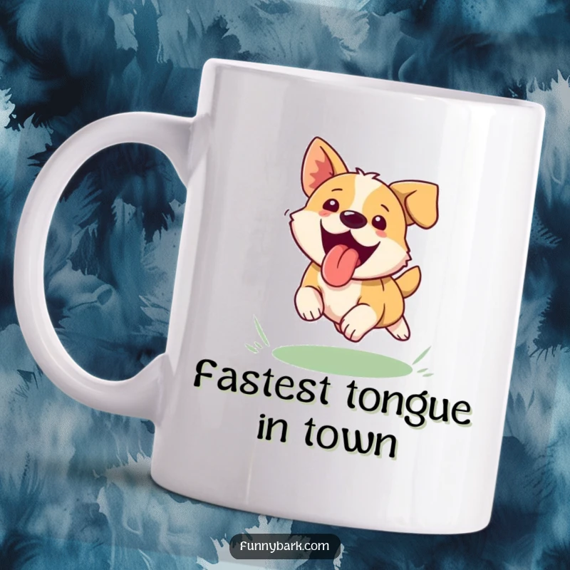 Funny dog mug with tongue lolling out, joyfully mid-air chasing a bright red frisbee, pure happiness and energy.