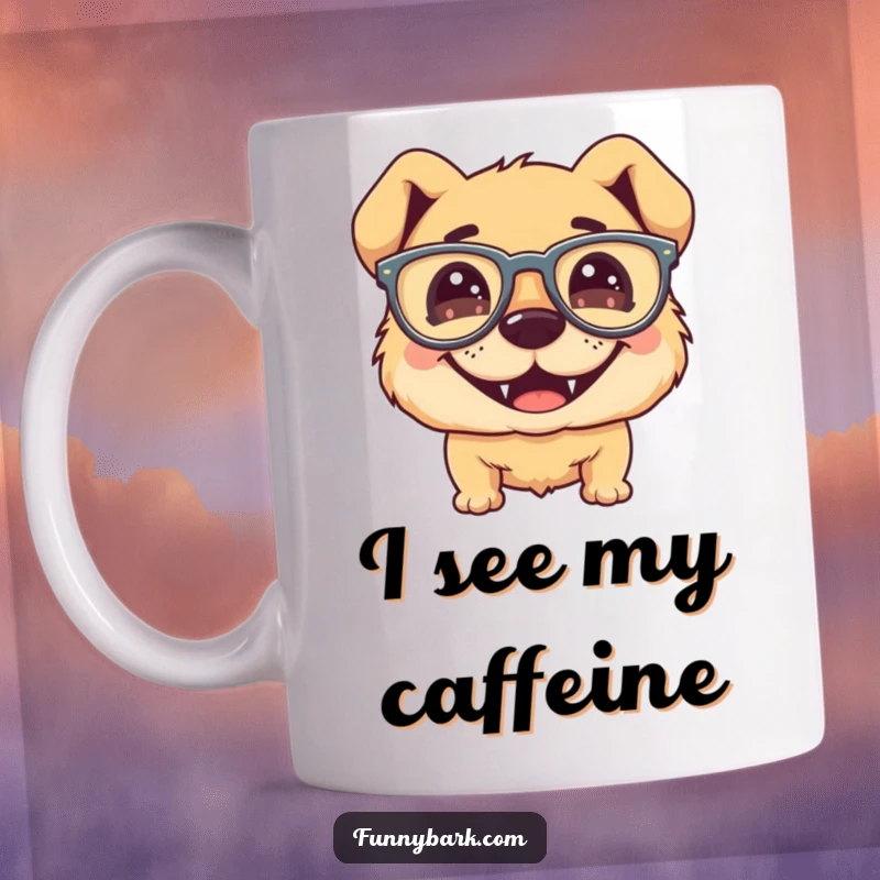 Funny dog mug, silly grin, wearing oversized, floppy glasses, playful and slightly goofy, humorous pet.