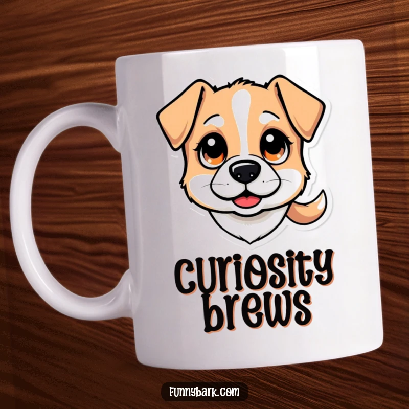 Funny mug: A stylized dog head with big, curious eyes and a happily wagging tail, conveying inquisitive charm.