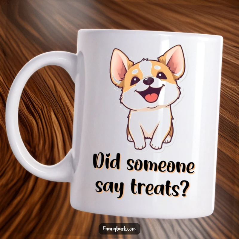 Funny mug showcasing a dog's head tilted in curiosity, ears perked, with an energetic yip sound effect, expressing playful attention.