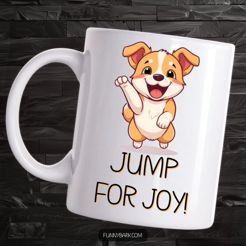 Funny Mug: A dog captured mid-jump, mouth open in an excited, happy bark, radiating pure energy. Great gift.