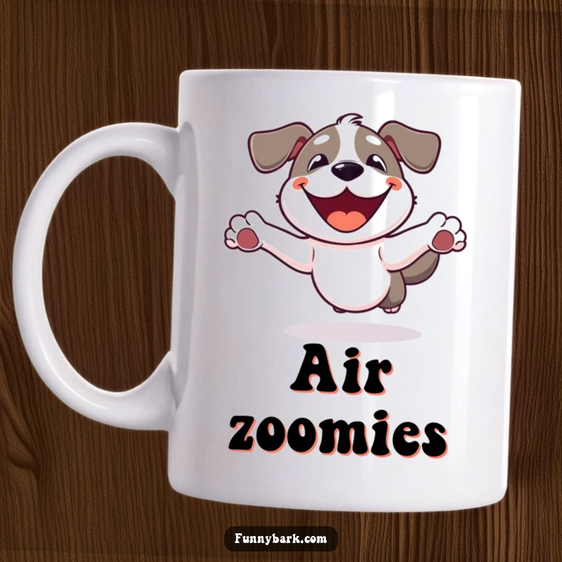 Funny Dog Mug: A happy dog with a wide smile, enthusiastically leaping high into the air, full of joy.
