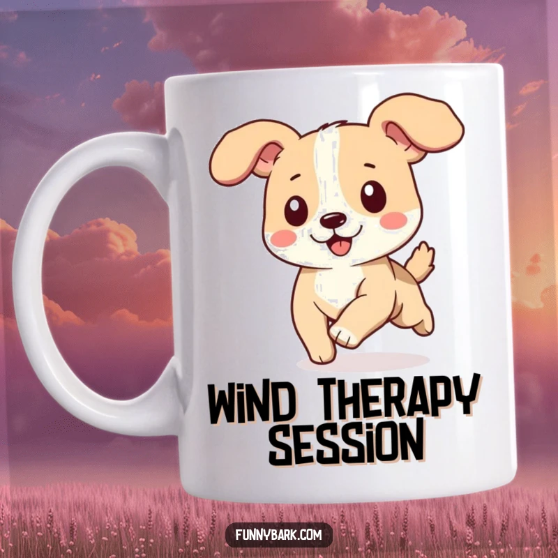 Funny dog mug, ears flapping wildly in the wind as it runs happily, sense of freedom.