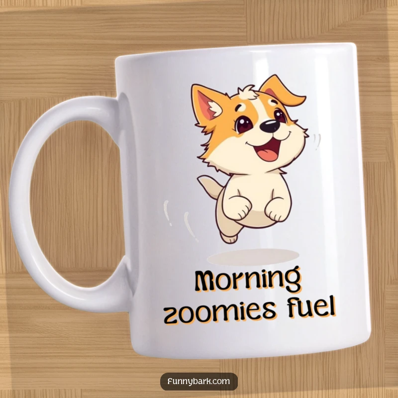 Funny Mug: An energetic dog character runs with wind-swept fur and an excited bark, bringing playful humor to your beverage.