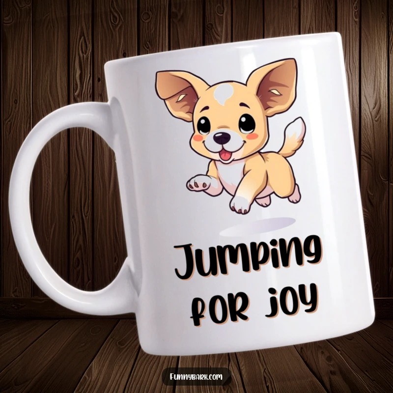 Funny floppy eared dog mug showing a dog caught mid-leap with large ears flying and tail wagging joyfully.