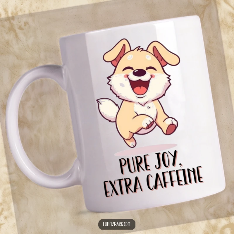 Funny Joyful Dog Mug showing a happy dog character with an overjoyed expression, running with incredible boundless energy.