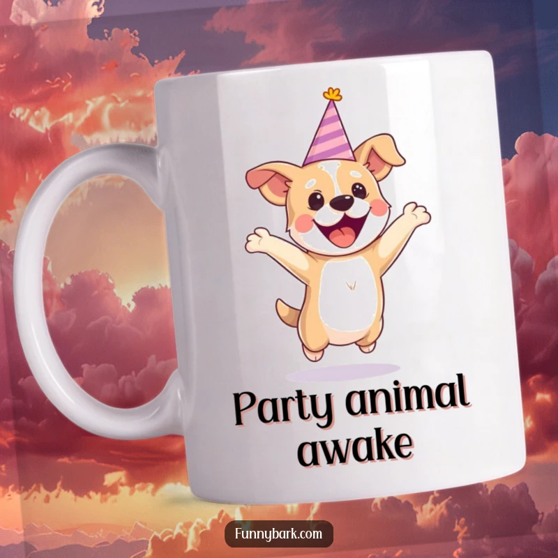 Funny party dog mug featuring a dog wearing a tiny hat, jumping with pure excitement and celebratory joy.