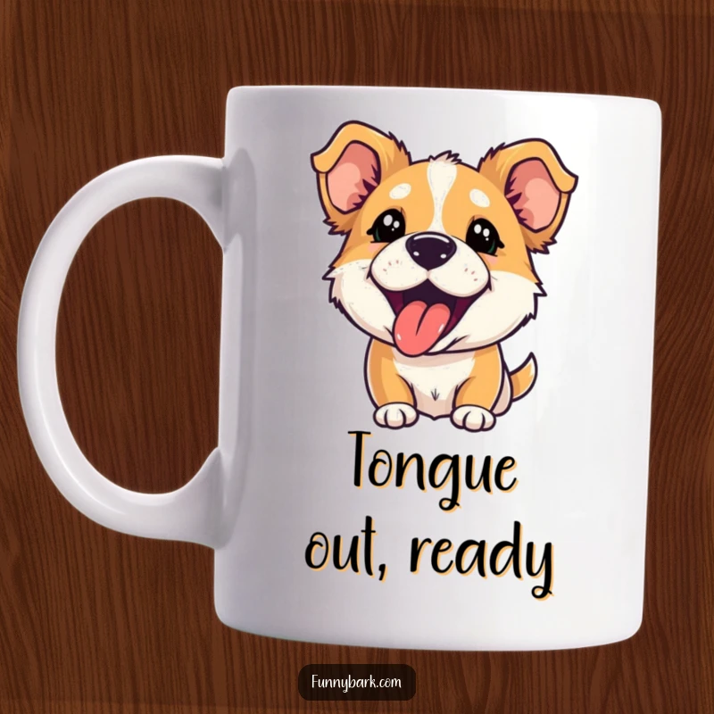 Funny mug featuring a dog with perked ears and tongue out, letting out a comical, energetic, playful bark.