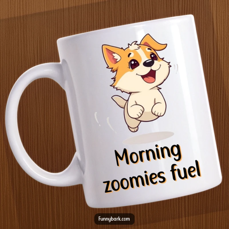 Funny mug showing a dog running with wind-blown fur, mouth open in a bark, conveying speed and exhilaration.
