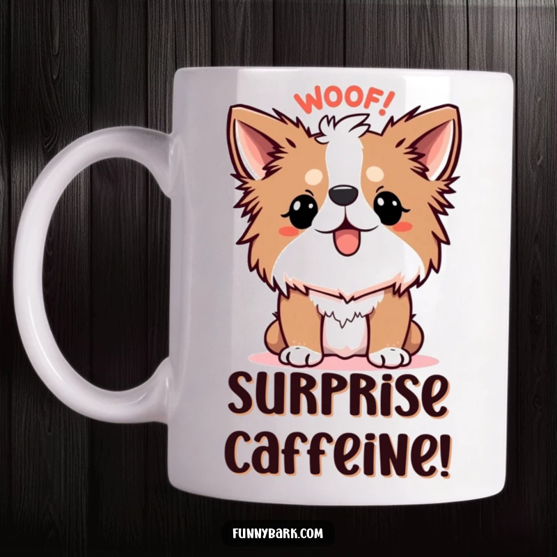 Funny Scared Dog Mug, showing a dog with its fur standing on end, letting out a cartoonish WOOF! in surprise.