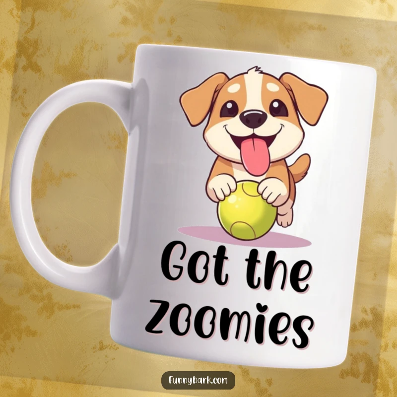 Funny grinning dog mug with tongue out, chasing a ball, embodying pure joy and playful energy.