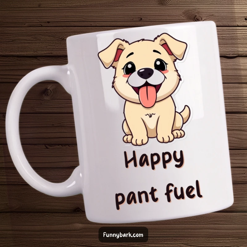 Funny mug with a dog character panting with its tongue happily out mid-bark, radiating pure, unadulterated canine joy and playful energy.
