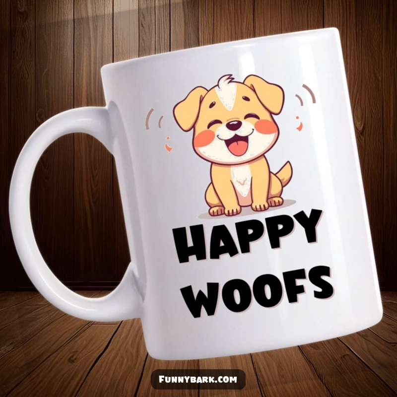 Funny Dog Mug: A dog joyfully barking, with sound waves indicating playful woofs, perfect for dog lovers.