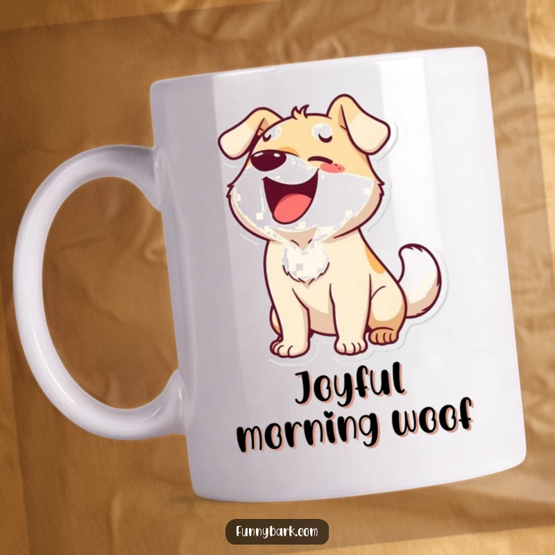 Funny mug featuring a dog character barking with ecstatic energy and a furiously wagging tail, expressing pure joy and happiness.