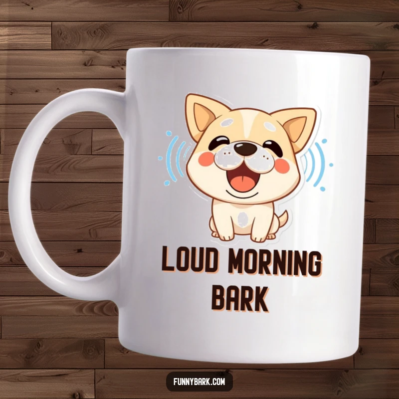 Funny dog mug showing a stylized character with its mouth wide open, emitting bold sound waves of a happy bark.