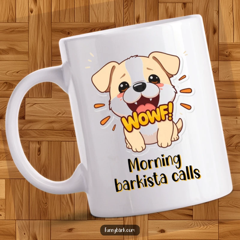 Funny mug showcasing a small dog with its mouth wide open, emitting a large, stylized 'Woof!' graphic, full of vocal energy.
