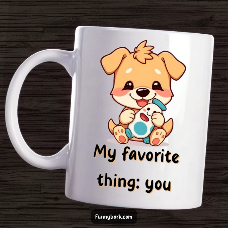 Funny Dog Toy Mug showing a happy dog character with a playful grin, playfully presenting its most treasured toy.