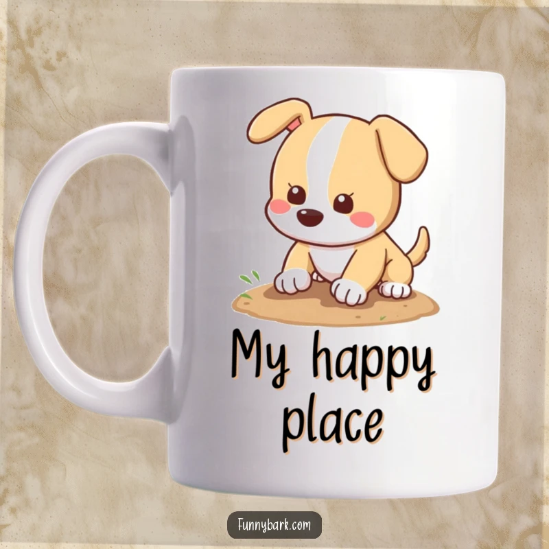 Funny dog mug featuring a happy, tail-wagging dog character digging a shallow hole with its paws, embodying playful mischief.