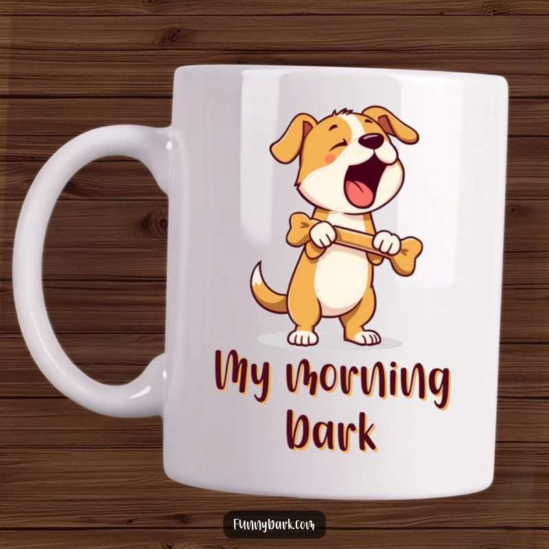 Funny mug of a dog standing on hind legs, holding a bone, and barking loudly, showcasing a hilarious and energetic personality.