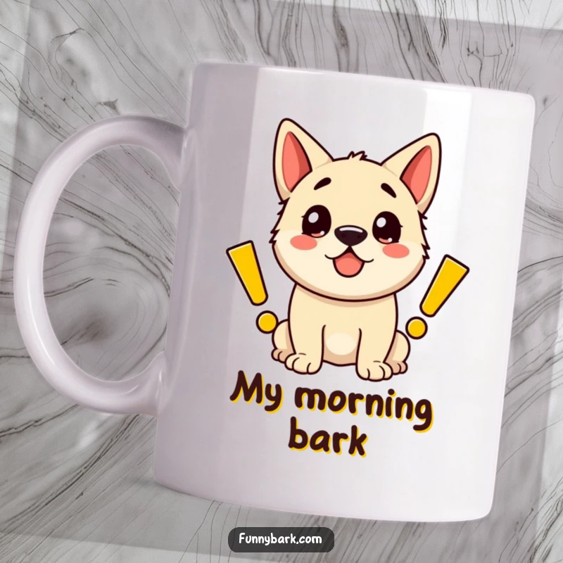 Funny mug featuring a joyful dog surrounded by large, colorful, cartoon exclamation marks, signifying pure excitement.