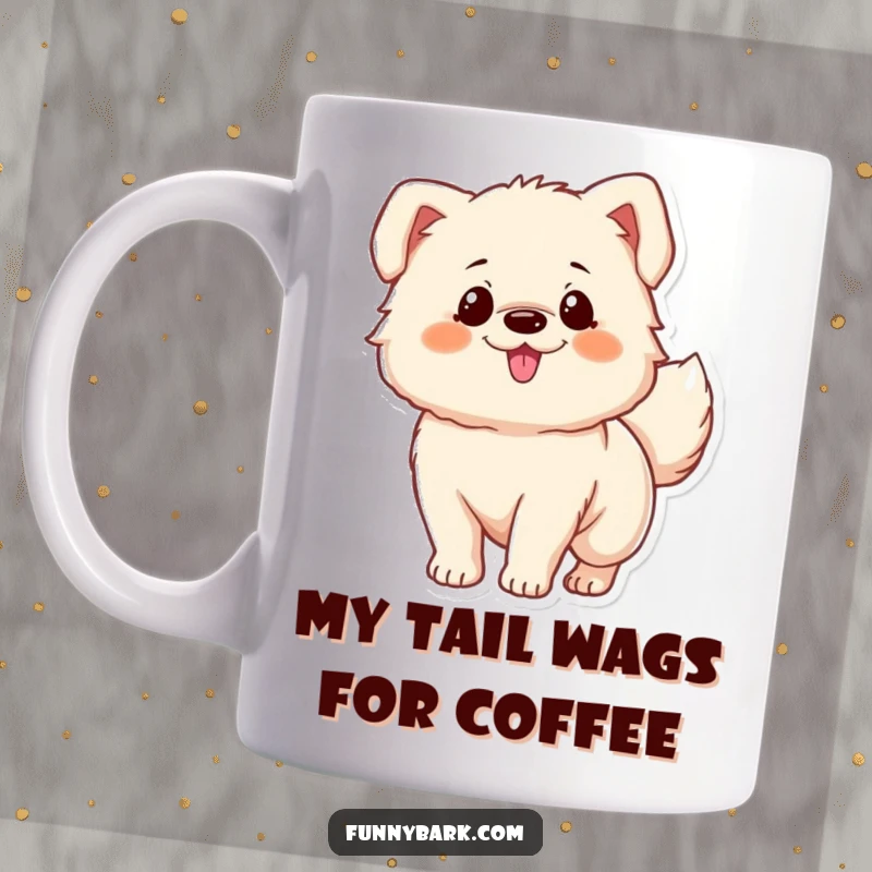 Funny mug: A fluffy dog character energetically wagging its tail with pure, unadulterated excitement, a perfect gift for dog lovers.
