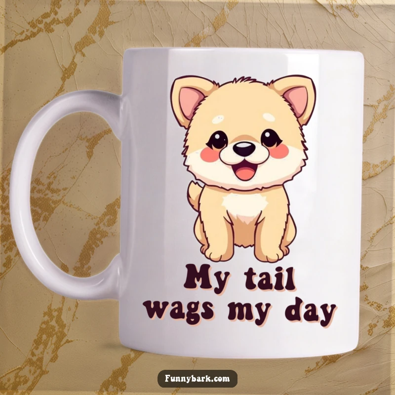 Funny Dog Mug: A small, fuzzy dog character with its tail wagging enthusiastically, mouth open in a wide, happy smile, radiating pure delight.