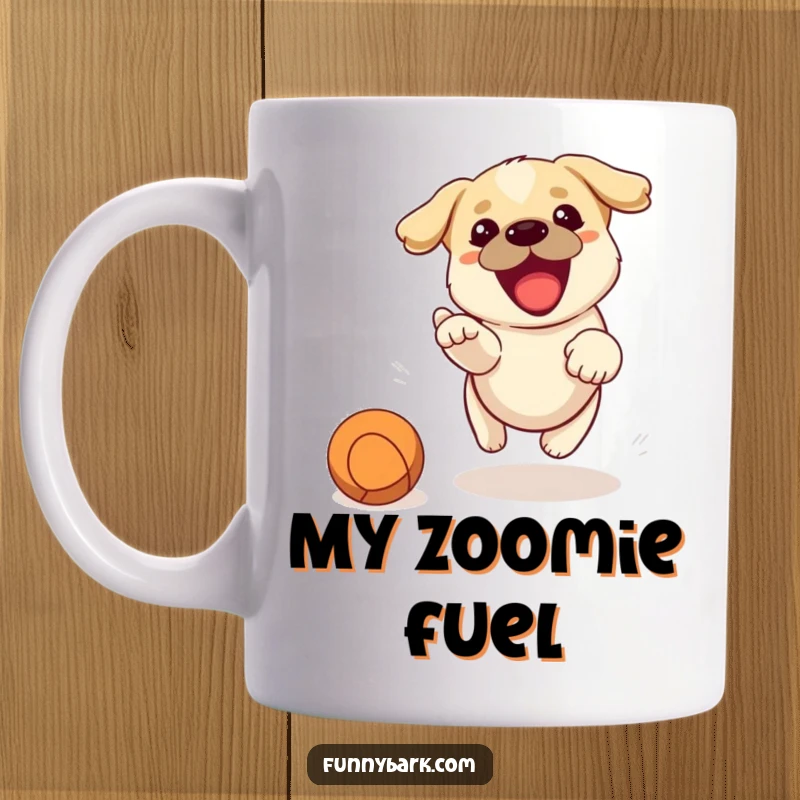 Funny mug showing a small, energetic dog mid-chase, ears flapping, eyes focused on a thrown ball, with happy barks.