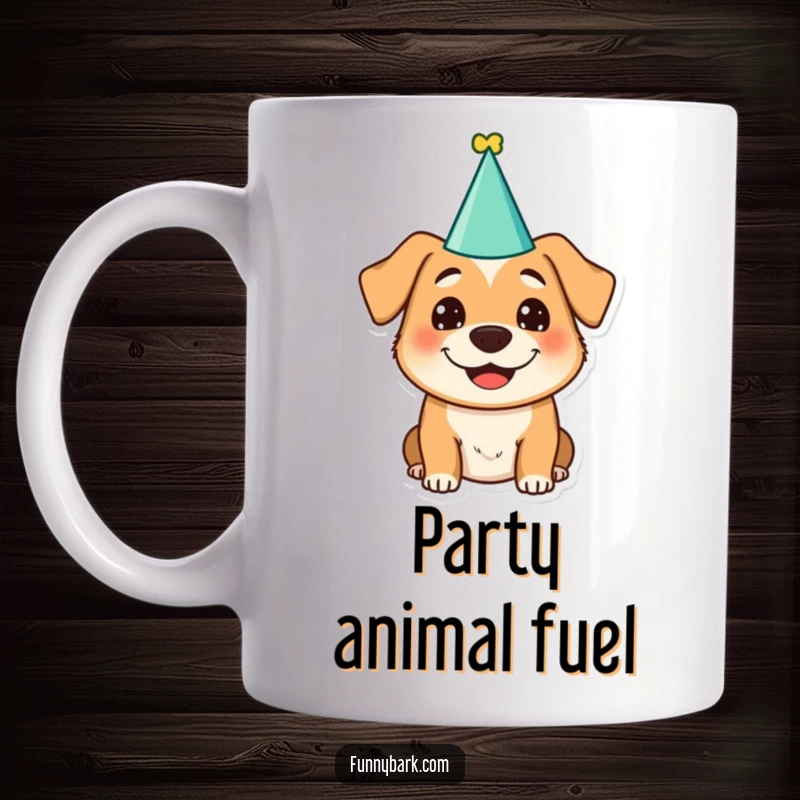 Funny dog character wearing a party hat and sporting a wide, silly grin, perfect for a celebratory mug.