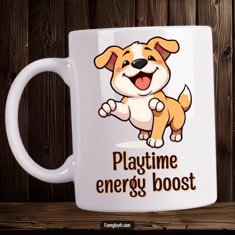 Funny mug depicting a dog character pouncing playfully with an open mouth in a happy bark, embodying pure canine joy.