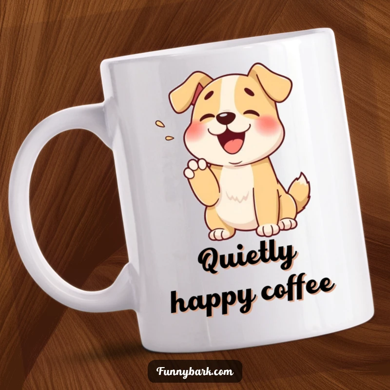 Funny cartoon dog muffled bark paw mug, showing a dog hiding a happy sound, cute and humorous for gift-givers.