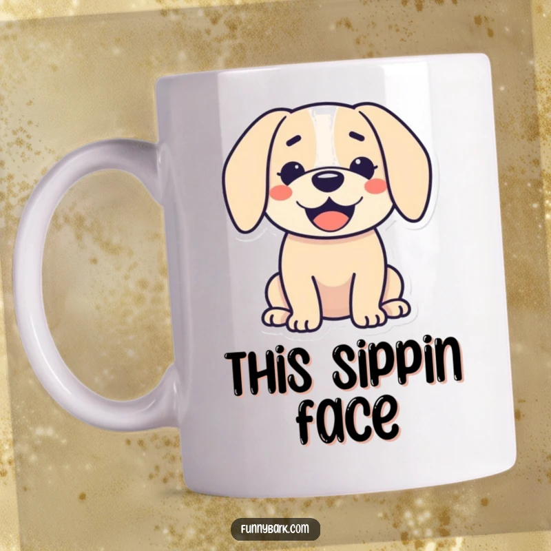 Funny mug: A simple dog silhouette with a wide, happy grin and relaxed droopy ears, a symbol of pure joy.