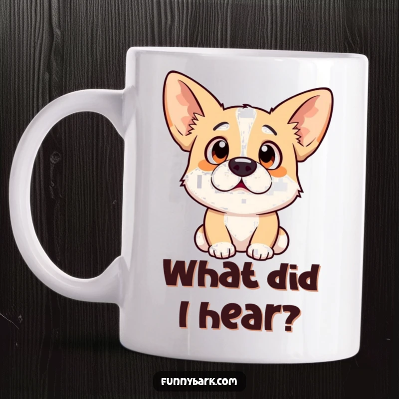 Funny dog mug featuring a surprised pup with ears perked high, capturing a moment of comical disbelief.