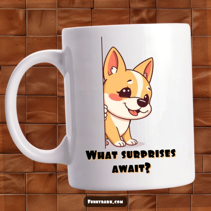 Funny mug depicting a dog peeking around a corner, one ear up, with a quiet, stealthy bark, embodying curiosity.