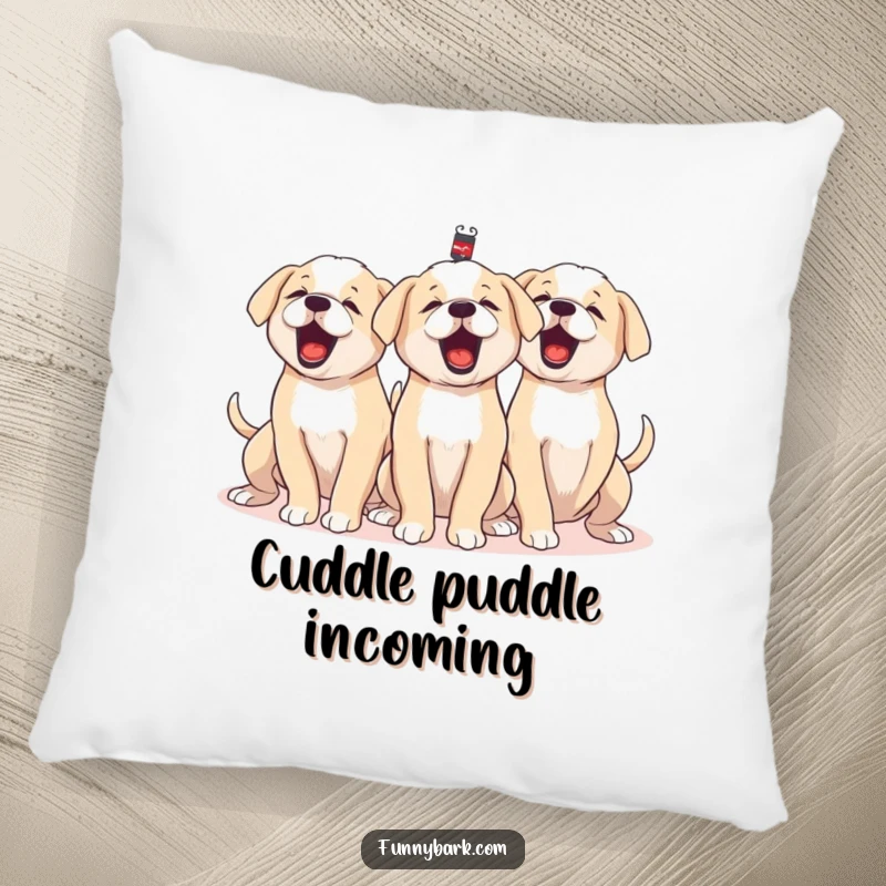 Funny pillow with a group of puppies barking together, tails wagging furiously, offering soft comfort and a dose of collective humor.