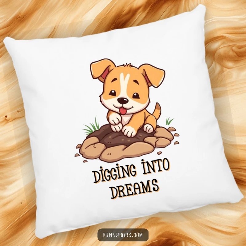Funny dog pillow, enthusiastically digging with paws, dirt flying, soft texture, humorous and cozy decor.