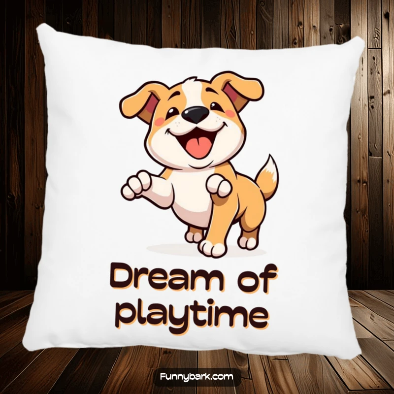 Funny pillow featuring a dog character pouncing playfully, mid-happy bark, adding cozy humor and energetic vibes to any room.