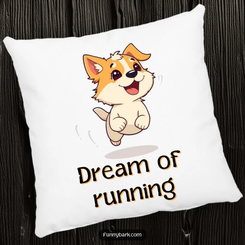 Funny pillow featuring a dog running with wind-blown fur and an escaping bark, adding cozy humor and dynamic energy to any room.