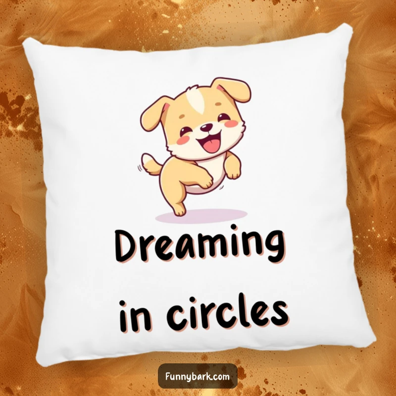 Funny dog pillow showing a small dog character in a joyful, dizzy spin as it chases its tail, perfect for comfort.