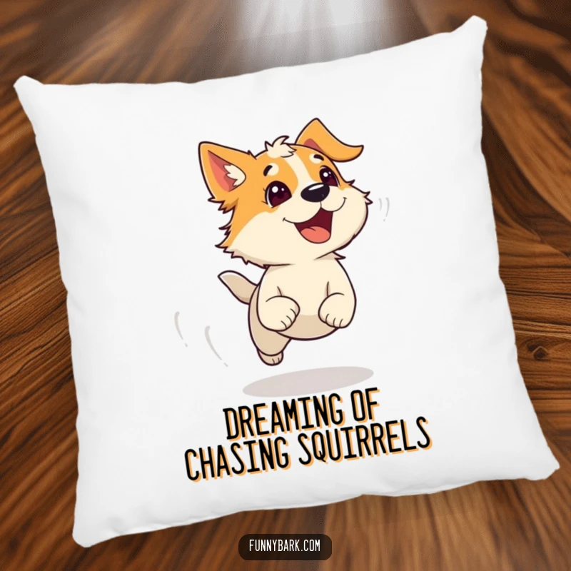 Funny Pillow: An energetic dog character runs with wind-swept fur and an excited bark, designed for cozy humor and decorative appeal.