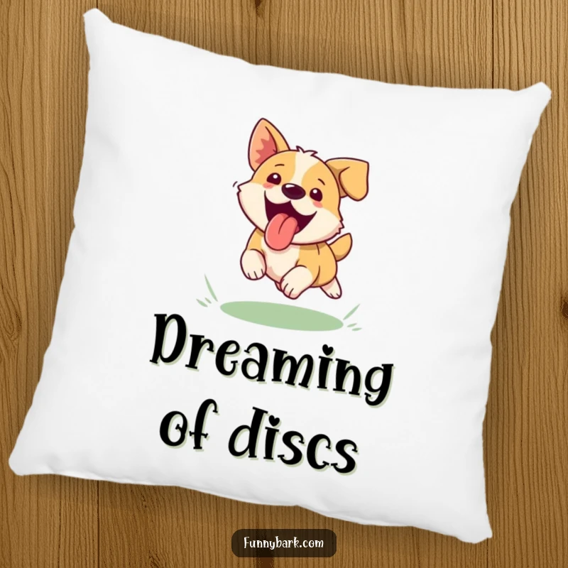 Funny dog pillow, tongue lolling out, mid-air catching a frisbee, soft texture, cozy home decor.