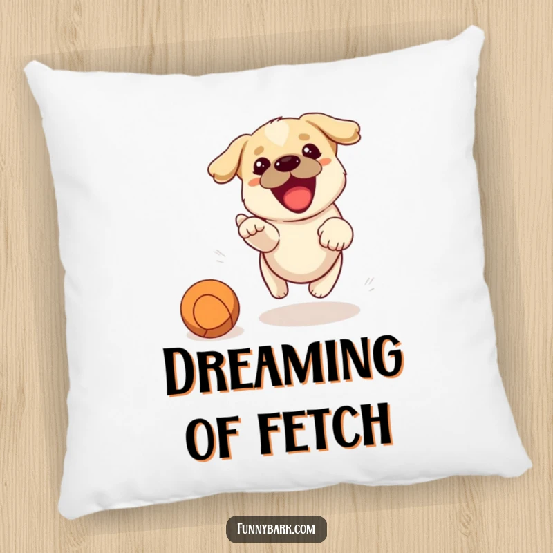 Funny pillow featuring a determined dog barking with excitement while chasing a thrown ball, perfect for comfort and cheer.