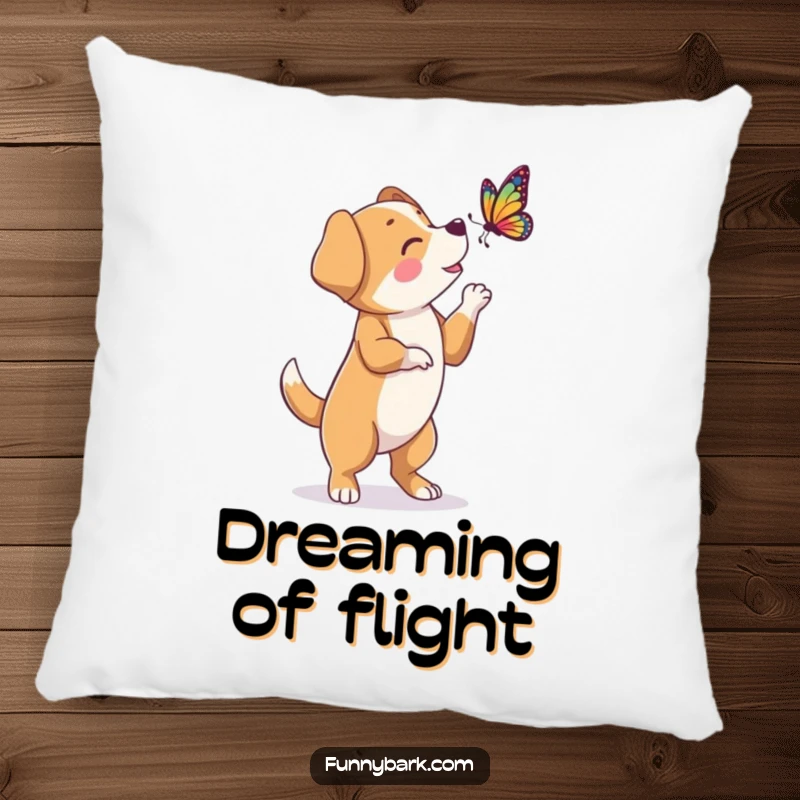 Funny decorative pillow featuring a dog character on hind legs, barking playfully at a butterfly, adding whimsical charm.
