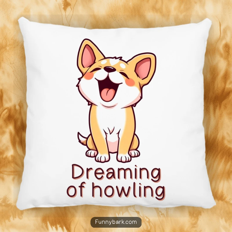 Funny pillow displaying a dog character howling its heart out, head tilted back in a moment of pure, uninhibited, and utterly comical canine glee.
