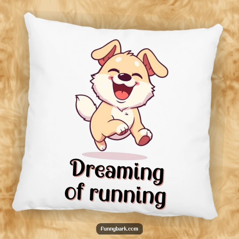 Funny Joyful Dog Pillow featuring a dog character with an overjoyed expression, running with boundless energy.