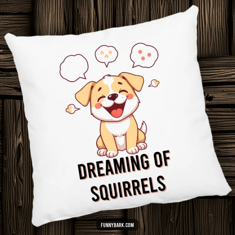 Funny pillow with a cute cartoon puppy's joyful barks depicted through speech bubbles, offering comfort and a dose of humor.