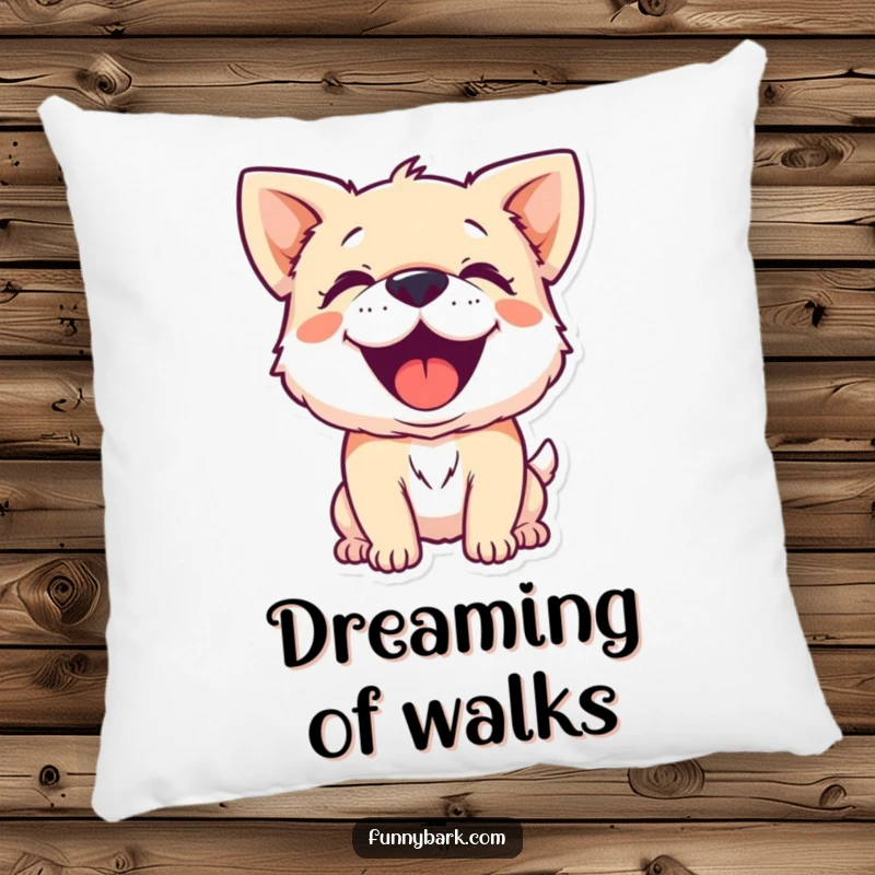 Funny decorative pillow featuring a small dog character barking with pure, unadulterated joy and happy barks.