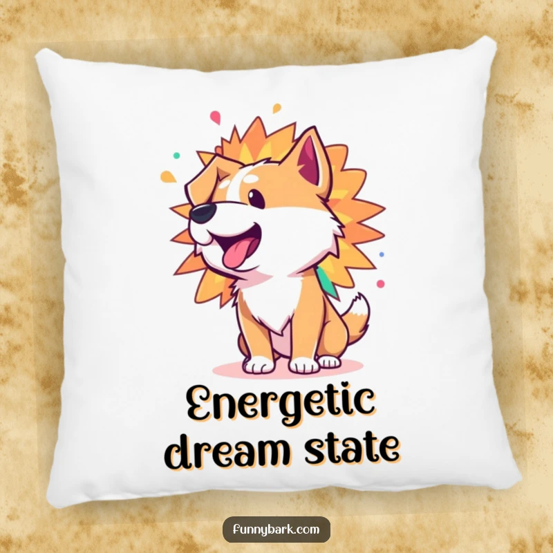Funny pillow with a dog character whose bark is a spectacular, colorful burst of vibrant, joyful energy, perfect for cozy fun.