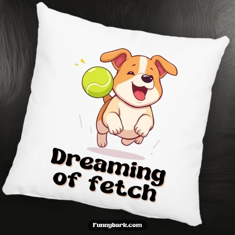 Funny dog pillow featuring a dog mid-bark, chasing a tennis ball, offering comfort and playful smiles.