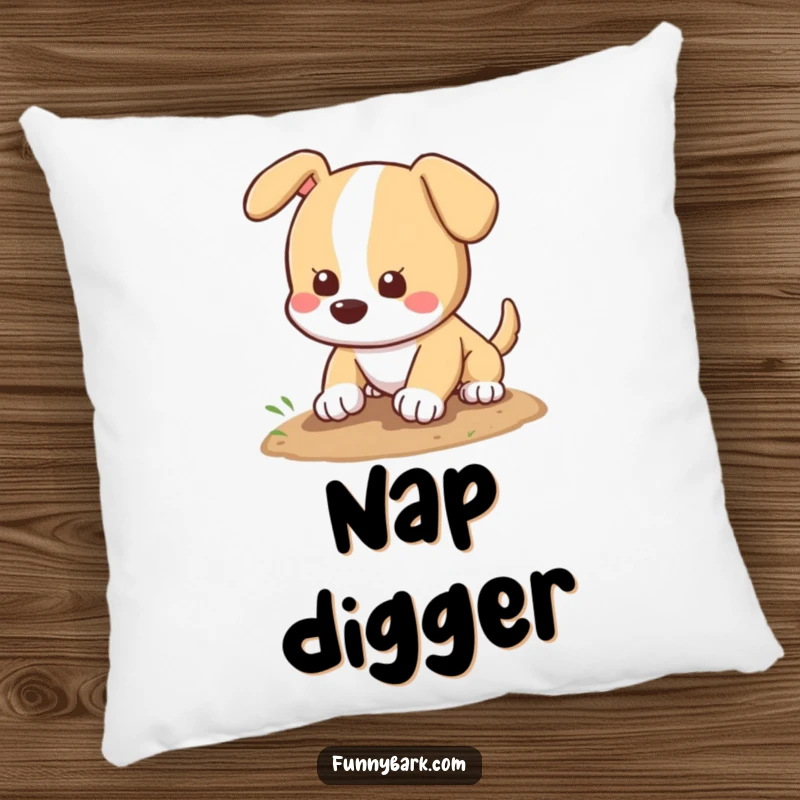 Funny dog pillow featuring a happy dog character digging a hole, tail wagging, perfect for adding a humorous touch to any couch.