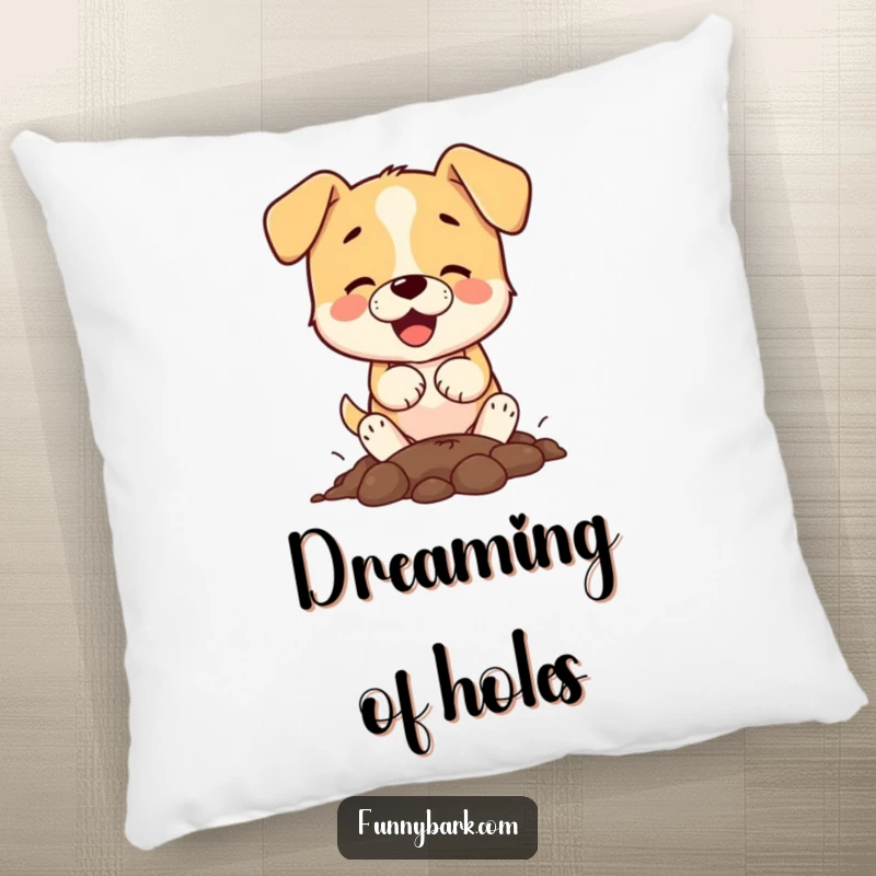 Funny small dog character digging with paws on a cozy pillow, perfect for adding humorous comfort to any space.